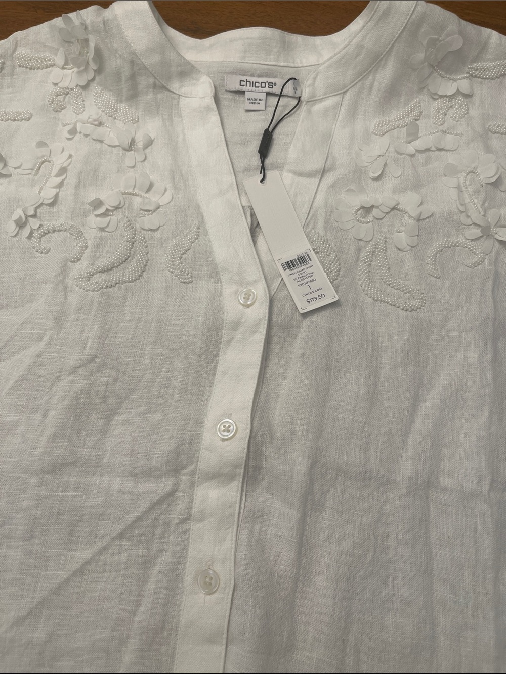 NWT Chico's White Linen Button-Front Short Sleeve Shirt w/ Floral Appliqué Sz 1
